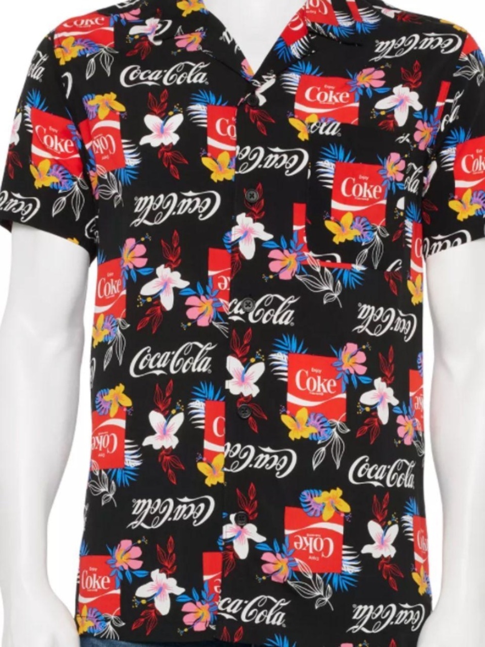 Coca-Cola black Hawaiian shirt with floral and tropical designs. Size: XL